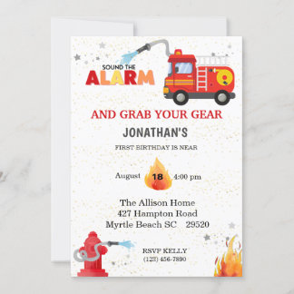 Firetruck First Birthday Party Invitation