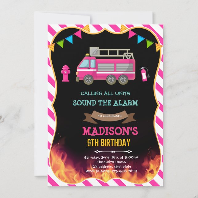 Firetruck girl birthday invitation (Front)