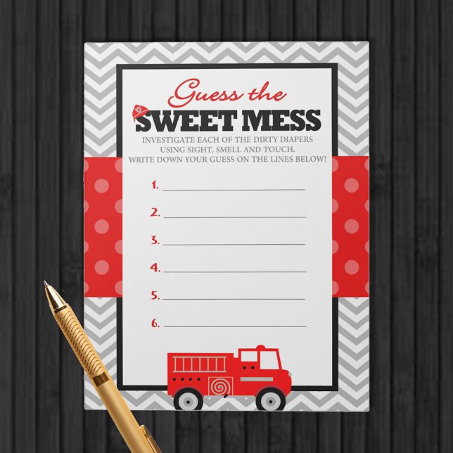 Firetruck Guess The Sweet Mess Game Answer Notepad (Guess the Sweet Mess Baby Shower Game Pack of 40 Games for Firefighter Baby Shower)