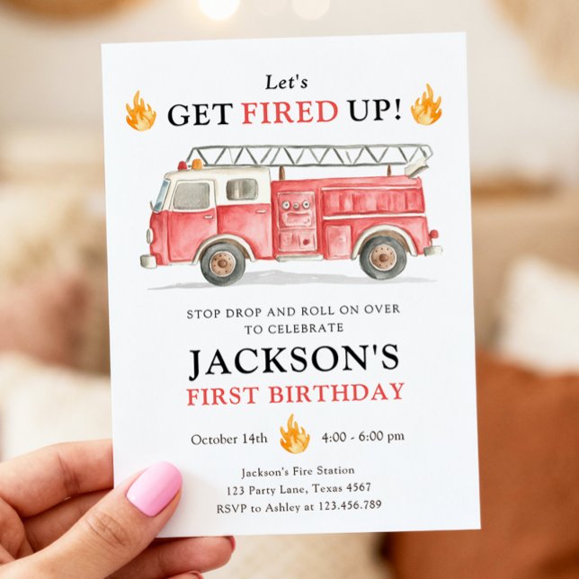Firetruck Let's Get Fired Up Boy First Birthday Invitation (Creator Uploaded)