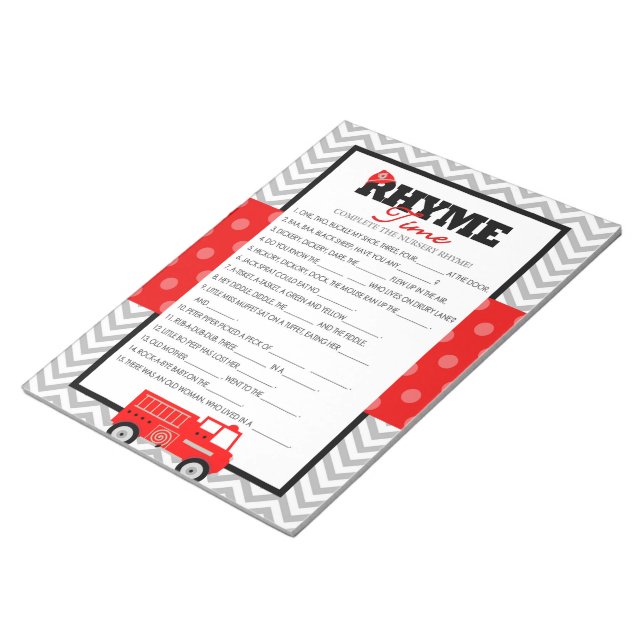 Firetruck Nursery Rhyme Baby Shower Game Pack Notepad (Angled)