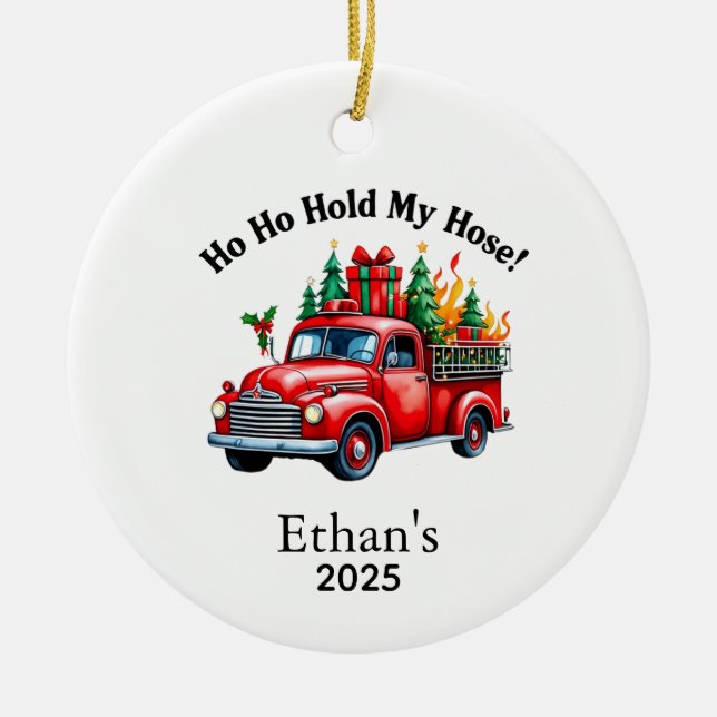 Firetruck Ornament, Firefighter Ornament, Fireman  Ceramic Tree Decoration (Front)
