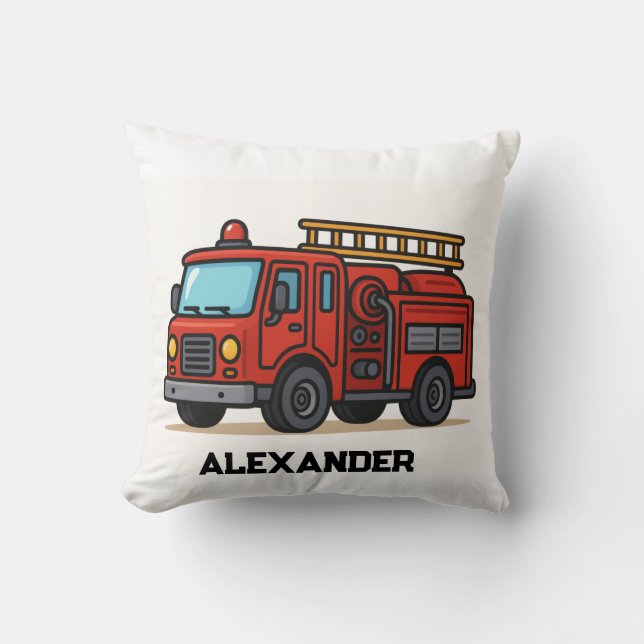 Firetruck personalised name kids throw pillow (Front)