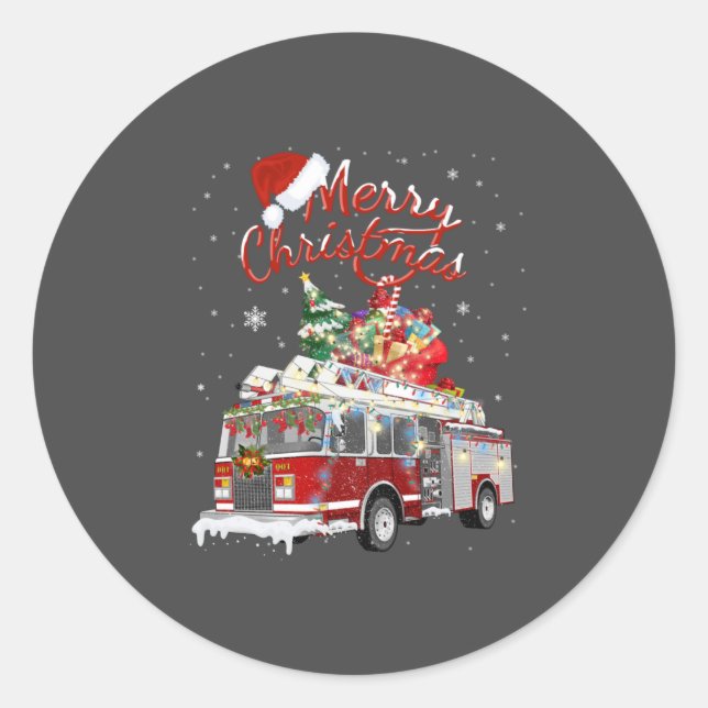Firetruck Santa Sleigh Fireman Christmas Firefight Classic Round Sticker (Front)