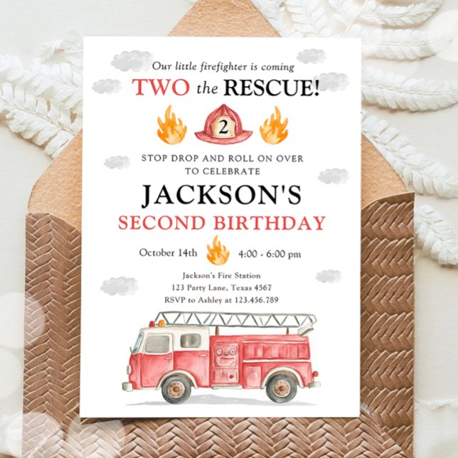 Firetruck Two the Rescue Boy Second Birthday Invitation (Creator Uploaded)