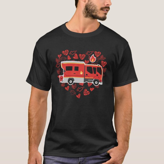 Firetruck Valentine s Day Hearts Fire Kid Trucks T-Shirt (Front)