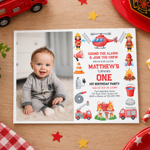 Firetrucks Boy 1st Birthday Cute Little party In Invitation