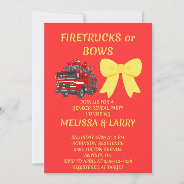 Firetrucks or Bows Gender Reveal Invitation (Front)