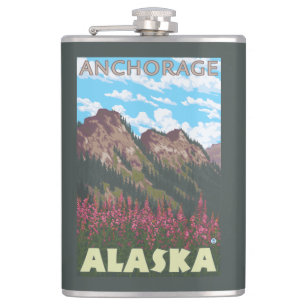 Fireweed & Mountains - Anchorage, Alaska Hip Flask