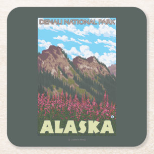 Fireweed & Mountains - Denali Nat'l Park, Square Paper Coaster