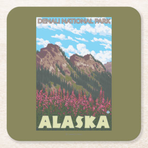 Fireweed & Mountains - Denali Nat'l Park, Square Paper Coaster