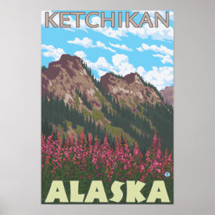 Fireweed & Mountains - Ketchikan, Alaska Poster