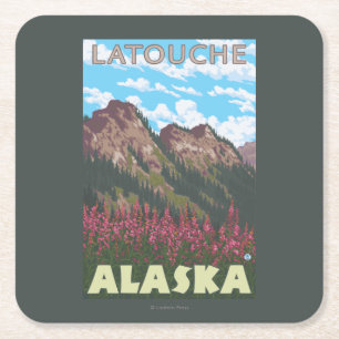 Fireweed & Mountains - Latouche, Alaska Square Paper Coaster
