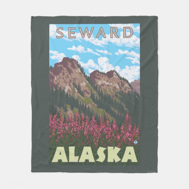 Fireweed & Mountains - Seward, Alaska Fleece Blanket (Front)