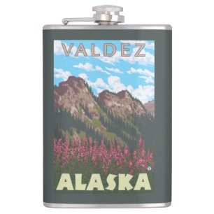 Fireweed & Mountains - Valdez, Alaska Hip Flask