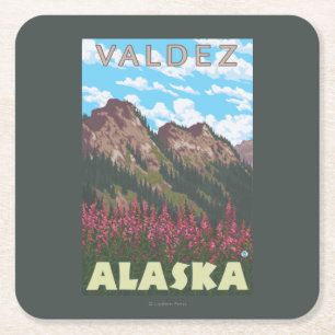 Fireweed & Mountains - Valdez, Alaska Square Paper Coaster