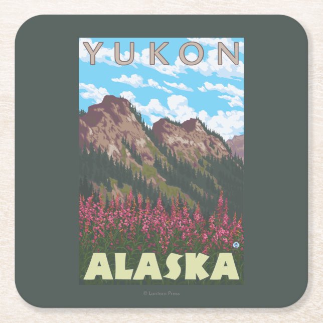 Fireweed & Mountains - Yukon, Alaska Square Paper Coaster (Front)