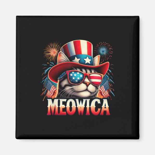 Firework Cat Funny Patriotic Kitty Cat Meowica 4th Magnet (Front)