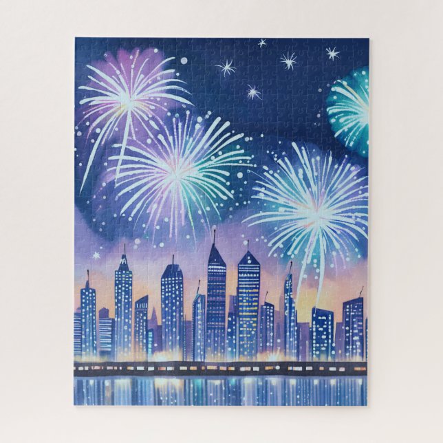 Firework Cityscape | Blue Lofi Digital Watercolor Jigsaw Puzzle (Vertical)