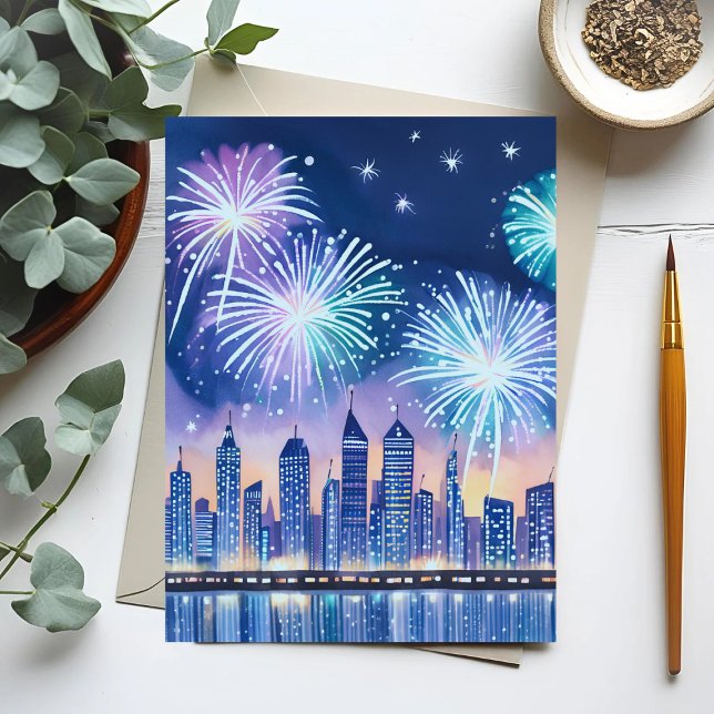 Firework Cityscape | Blue Lofi Digital Watercolor Postcard (Creator Uploaded)