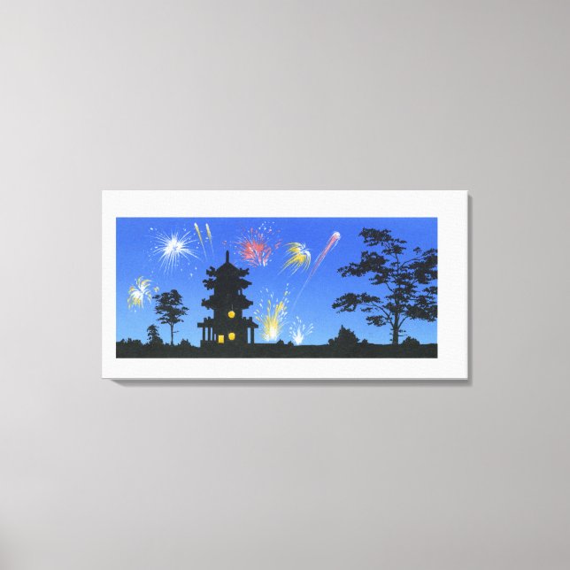 Firework display and silhouette of pagoda canvas print (Front)
