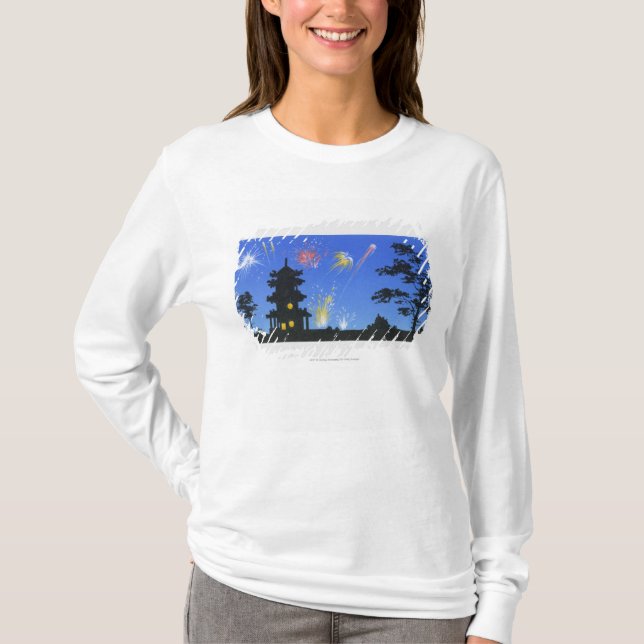 Firework display and silhouette of pagoda T-Shirt (Front)