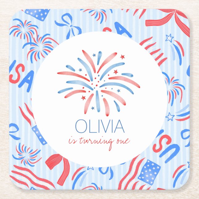 Firework Fourth of July Birthday Square Paper Coaster (Front)