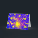 Firework 'Happy New Year' greetings card<br><div class="desc">A firework exploding in a shower of dazzling gold and pink stars against a blue sky. Greetings card with a yellow, pink, blue and white customisable design for you to personalise with your own text, pictures and ideas. The text can easily be changed using the template provided or click the...</div>
