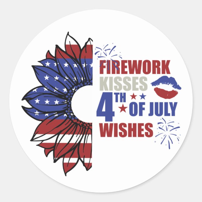 firework kisses Fourth July wishes word art Classic Round Sticker (Front)