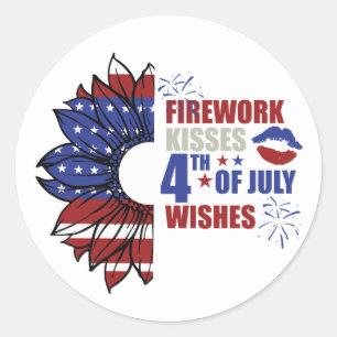 firework kisses Fourth July wishes word art Classic Round Sticker