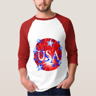 Firework Red White Blue 'USA' 3/4 sleeve mens T-Shirt