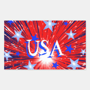 Firework Red White Blue 'USA' sticker rectangle