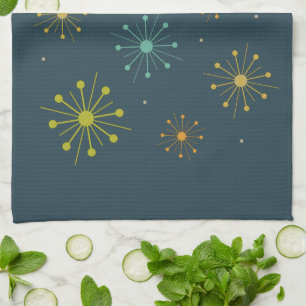 Firework Starbursts Dark Blue Mid-Century Tea Towel