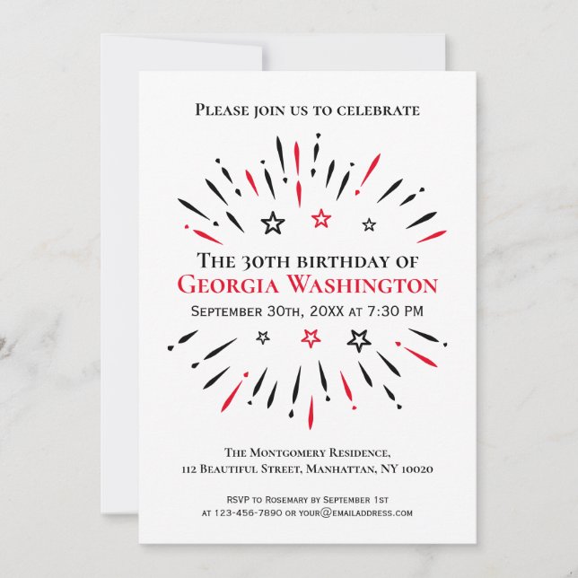 Fireworks 30th Birthday Party Black White Red Invitation (Front)