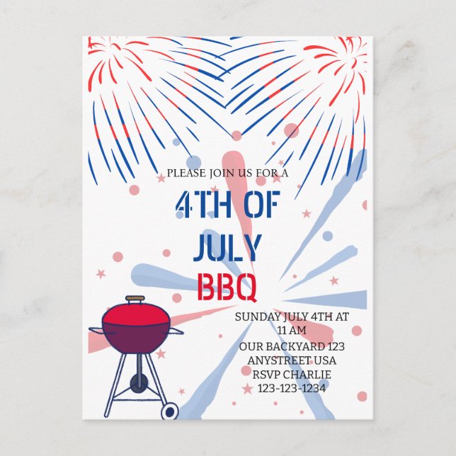 Fireworks 4th of July BBQ Invitation Postcard (Front)
