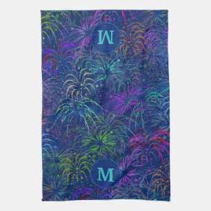 Fireworks 4th of July Summer Pattern   Monogrammed Tea Towel