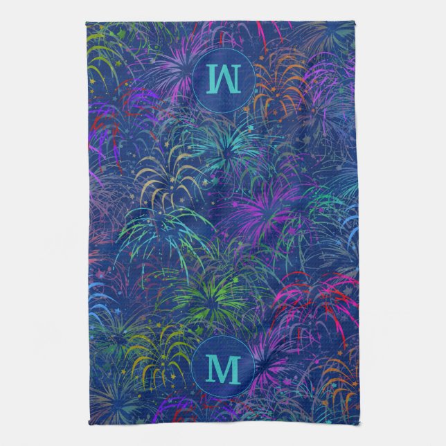 Fireworks 4th of July Summer Pattern | Monogrammed Tea Towel (Vertical)