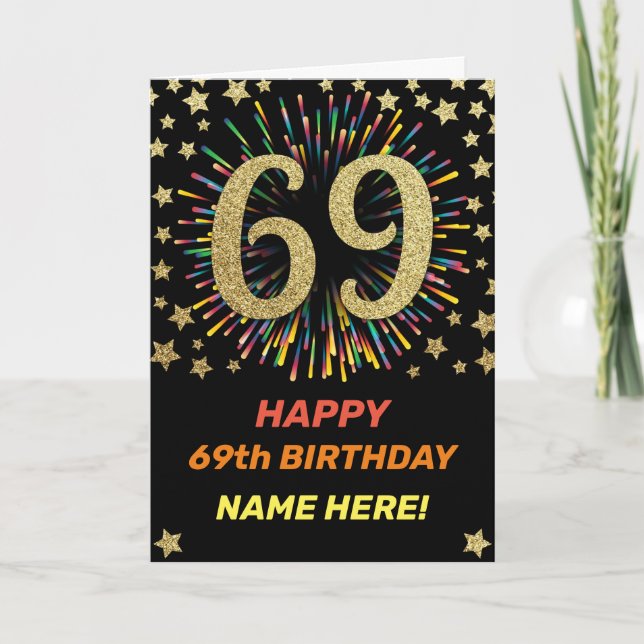 Fireworks 69th Birthday Colorful Rainbow Gold Card (Front)