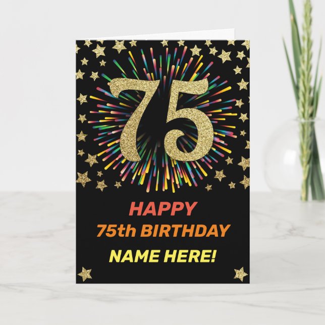 Fireworks 75th Birthday Colourful Rainbow Gold Card (Front)