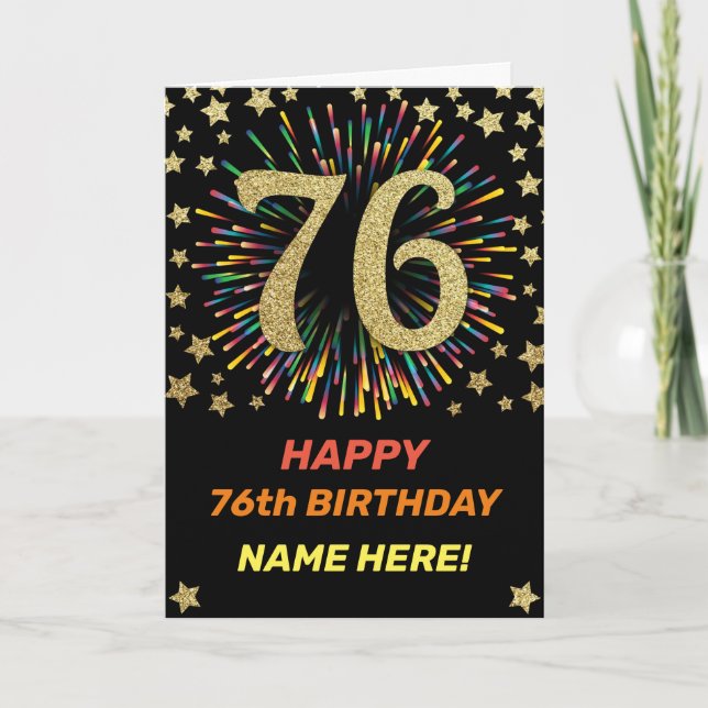 Fireworks 76th Birthday Colorful Rainbow Gold Card (Front)