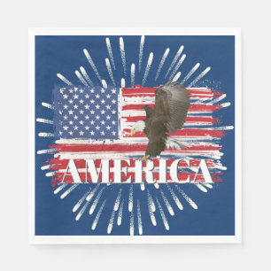 Fireworks and Bald Eagle on American Flag Napkin