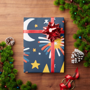 Fireworks and Stars and Moon on Black Wrapping Paper