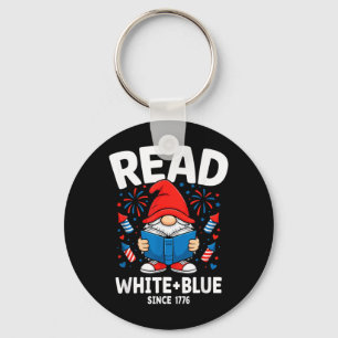 Fireworks Book Gnome Patriotic Read White Blue Key Ring
