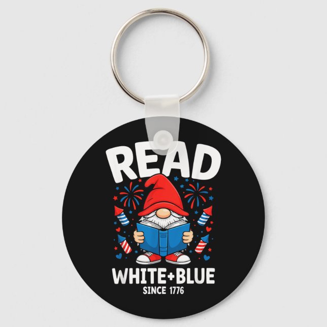 Fireworks Book Gnome Patriotic Read White Blue Key Ring (Front)
