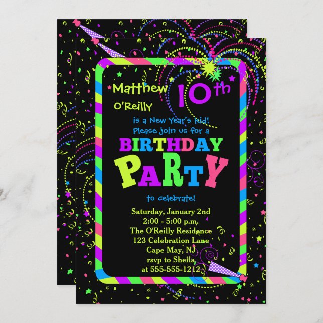 Fireworks Confetti New Year's 10th Birthday Party Invitation (Front/Back)