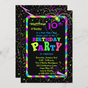 Fireworks Confetti New Year's 10th Birthday Party Invitation