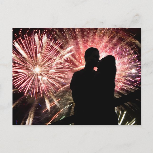 Fireworks Couple Kissing Silhouette Postcard (Front)