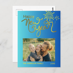 Fireworks Gold Happy New Year Photo Blue Gradient  Postcard