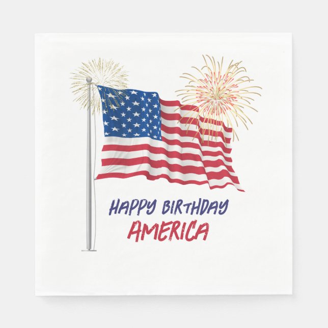 Fireworks Happy Birthday America and Flag Napkin (Front)