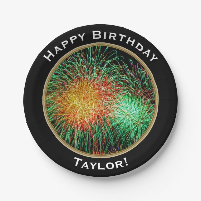 Fireworks Happy Birthday with Name Paper Plate (Front)